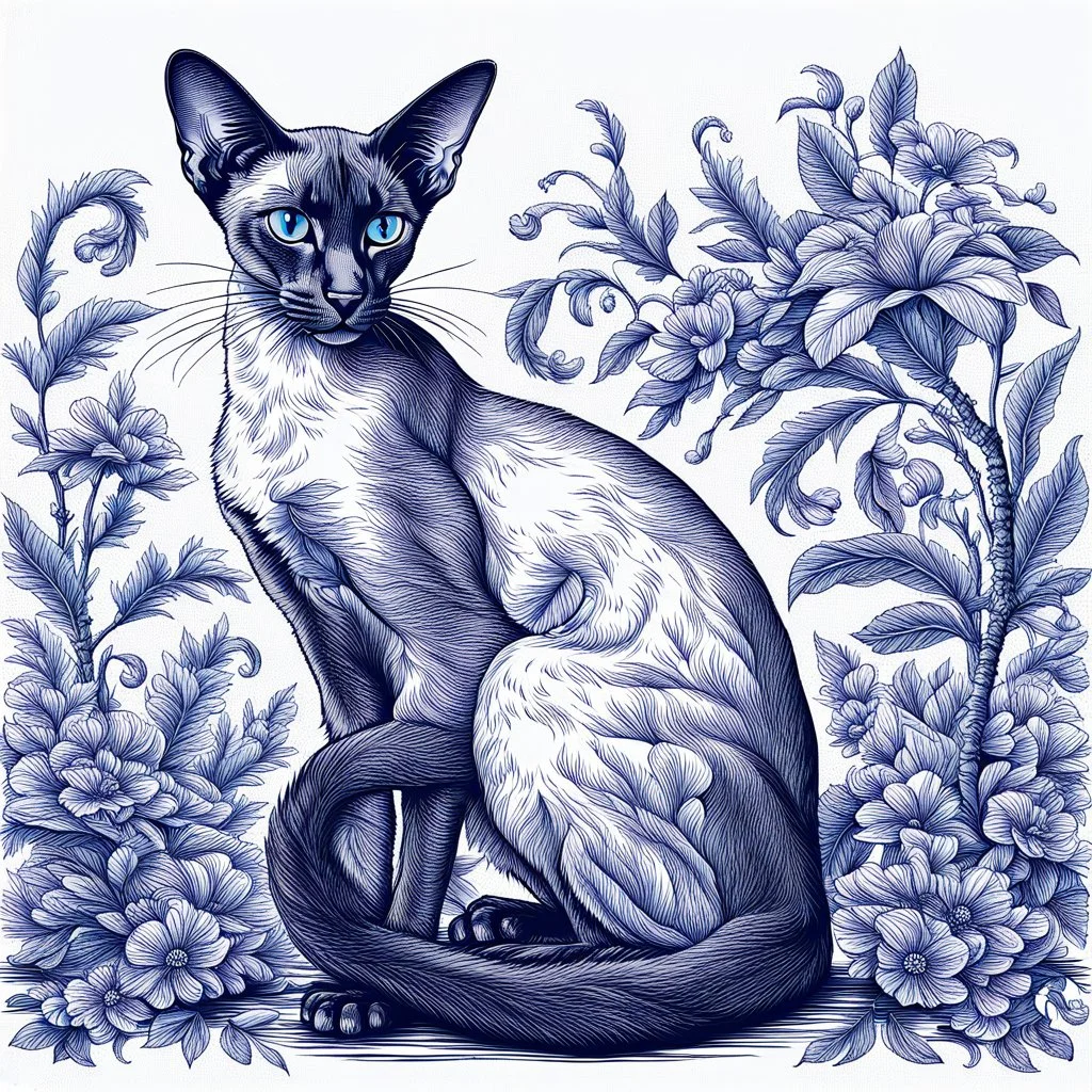 detailed Toile De Jouy style Oriental shorthair Siamese cat sitting in a garden. done in blue on white background