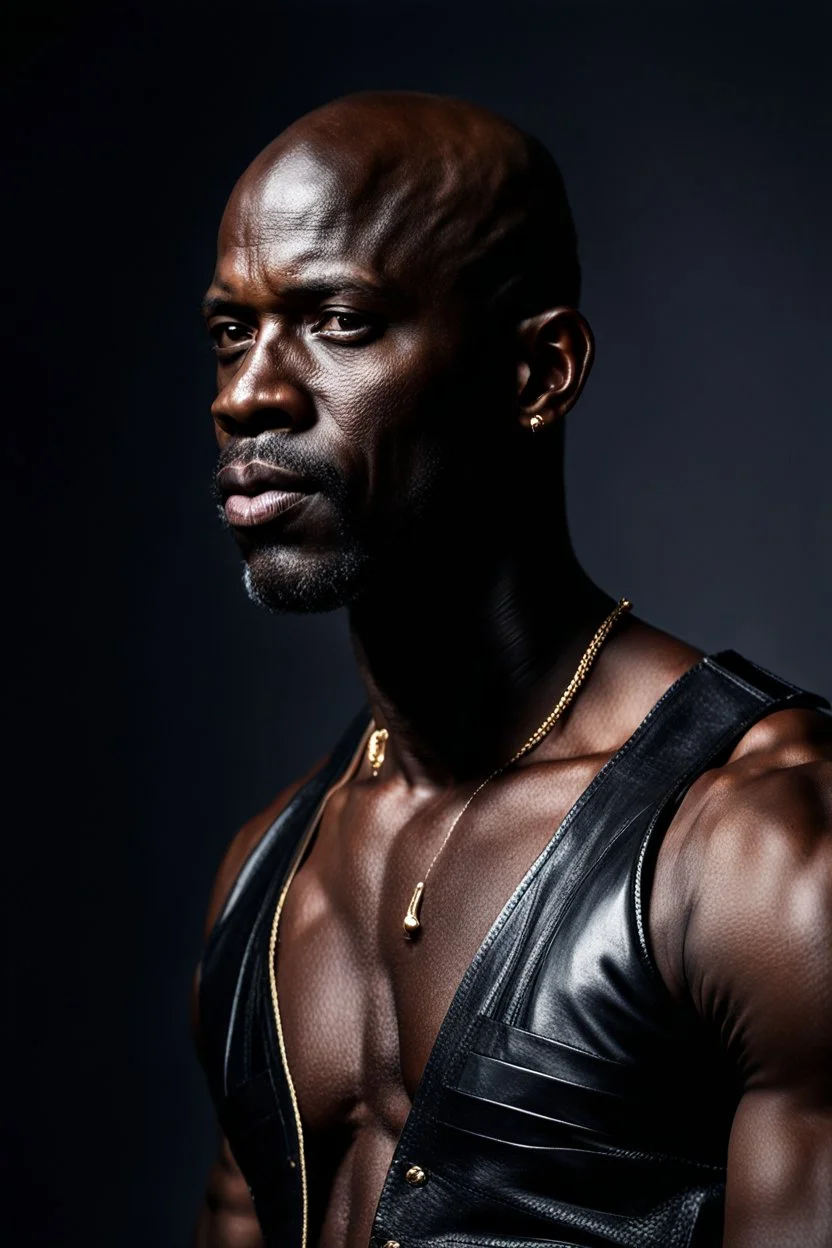 Portrait of a 40 year old handsome dark skinned and muscular heavy set african man with a bald head and neatly trimmed beard with flecks of grey. he is wearing a leather waistcoat and no shirt. he has a gold earing in his left ear