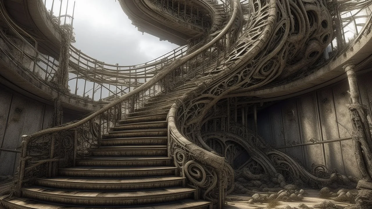 Intricate wasteland. Sad. Biopunk. Hyperrealistic staircase in a universe
