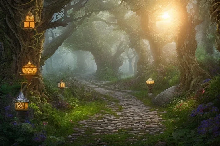  stone path lanterns forest