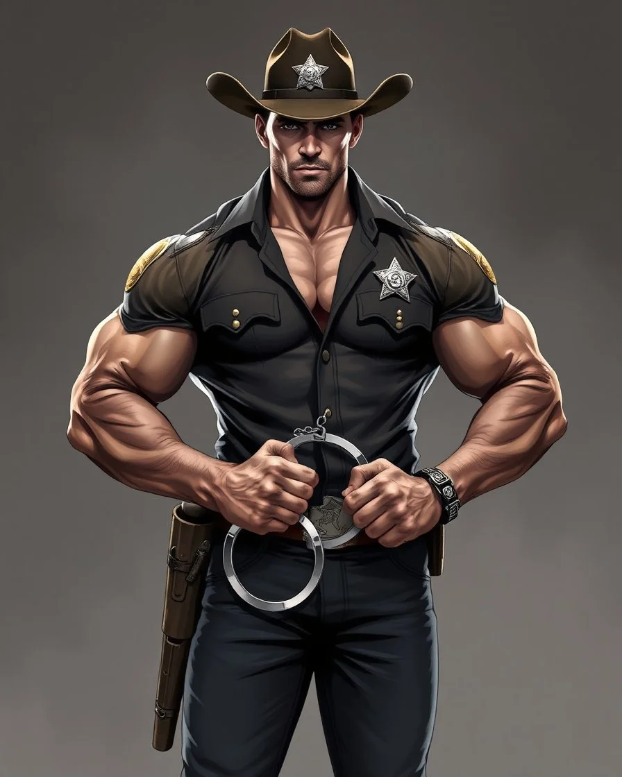 Handsome muscular sheriff holding handcuffs