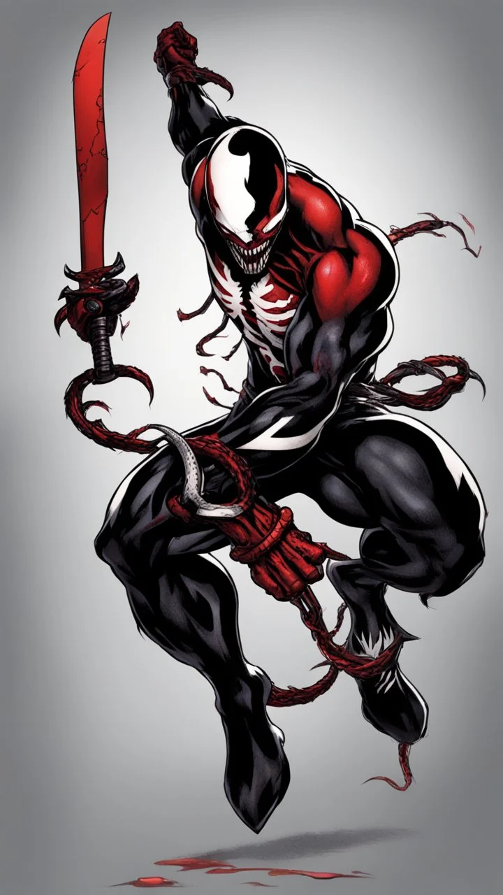 A close picture of Venom symbiote with kratos red tattoos and Clothes, holding blade of choice