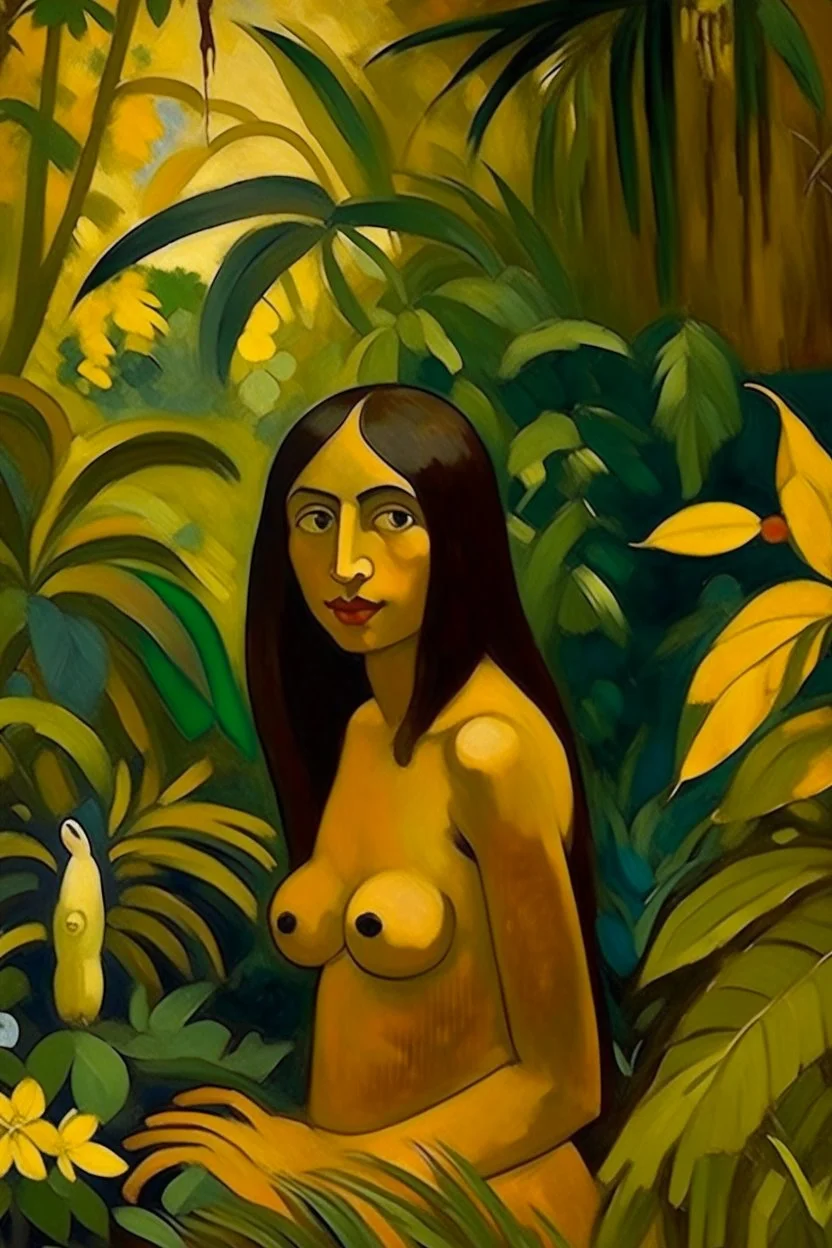 A beautiful girl in A dark gold rainforest near a field painted by Paul Gauguin