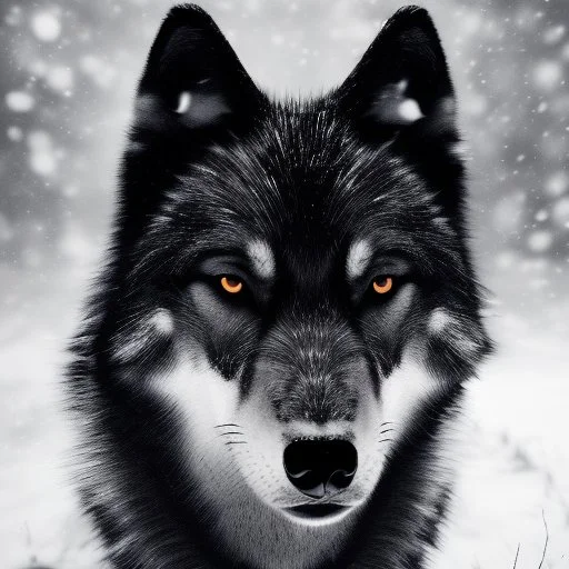 A captivating, monochromatic photograph of an ethereal black wolf in a snowy landscape, with a tight focus on its piercing gold eyes and striking fur details, evoking a sense of mystery and otherworldliness.