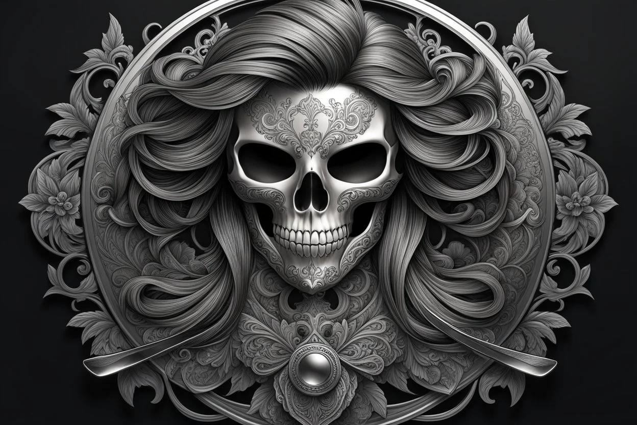 Logo skull, hair , scissors, mask, cover face in 8k tattoo artist dynamic pose, oshare kei, hurufiyya, rtx, intricate details, highly detailed, high details, detailed portrait, masterpiece,ultra detailed, ultra quality