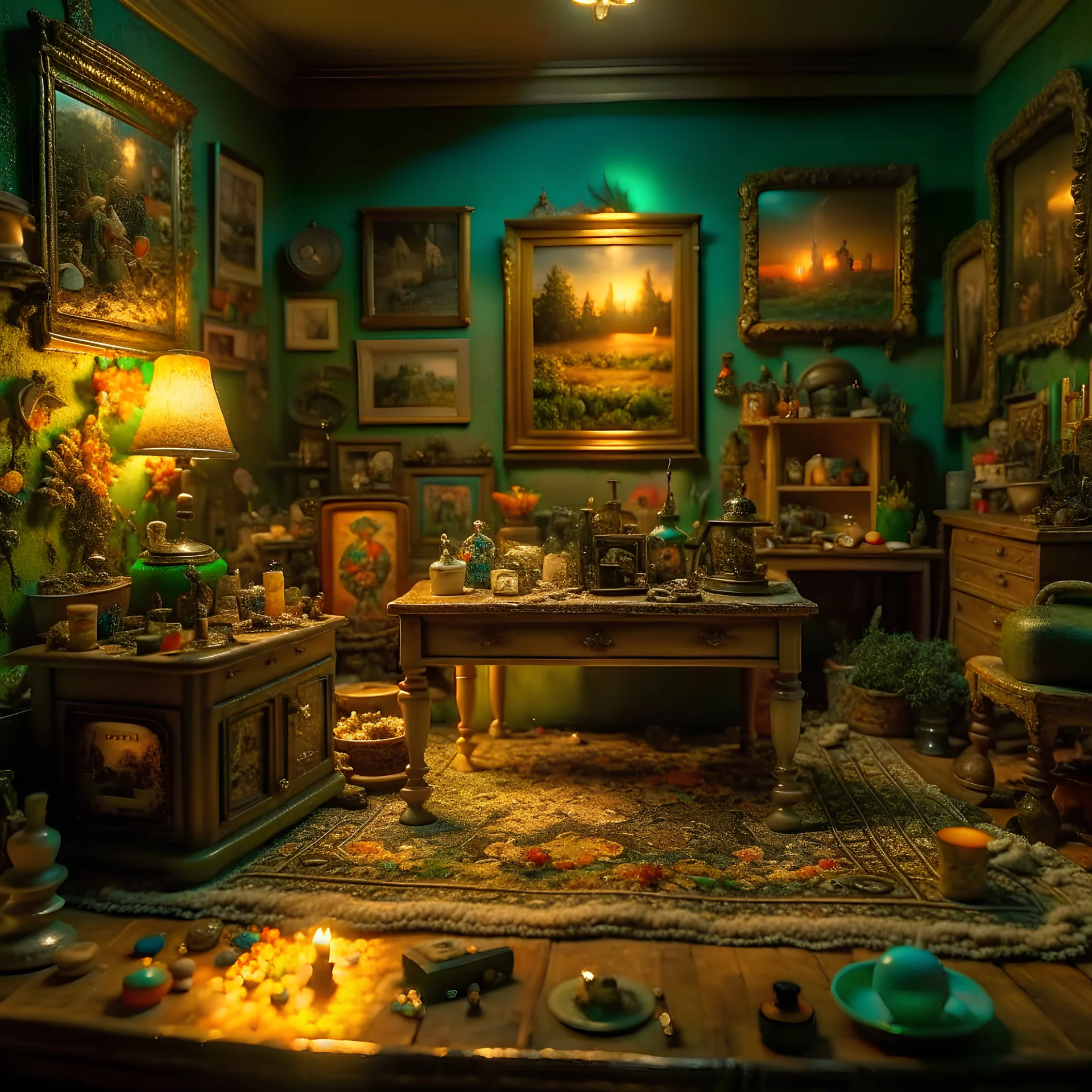 Diorama of old stuff in a room, sharp focus, 8k, 3d, very detailed, volumetric light, grim, fine art, very colorful, ornate, 35mm, F/2.8, insanely detailed and intricate, hypermaximalist, super detailed, decadent