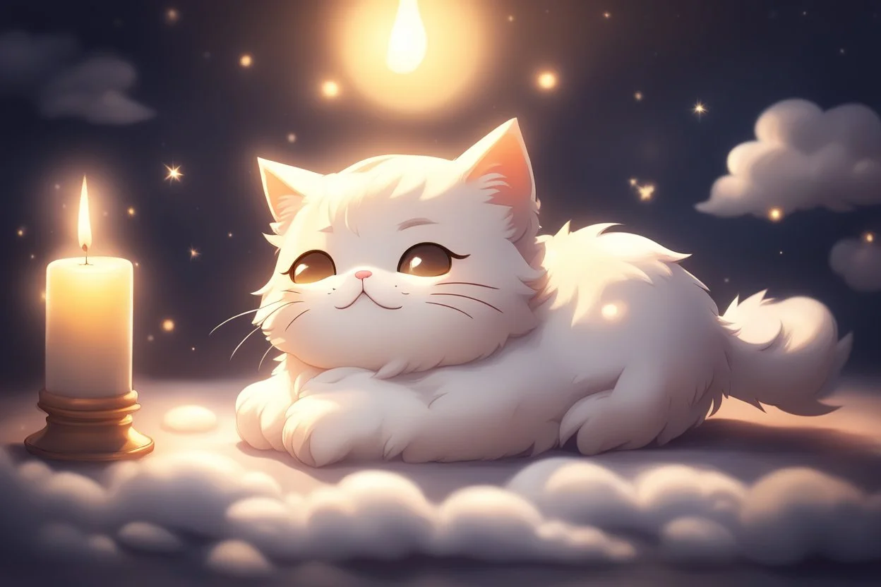 cute anime chibi cat sleeping in a dark room in candlelight Weight:1 heavenly sunshine beams divine bright soft focus holy in the clouds Weight:0.9