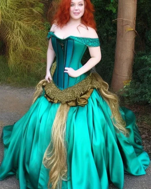 Magic princess with long auburn hair in a big teal green and gold satin ballgown corset off shoulder top casting magic