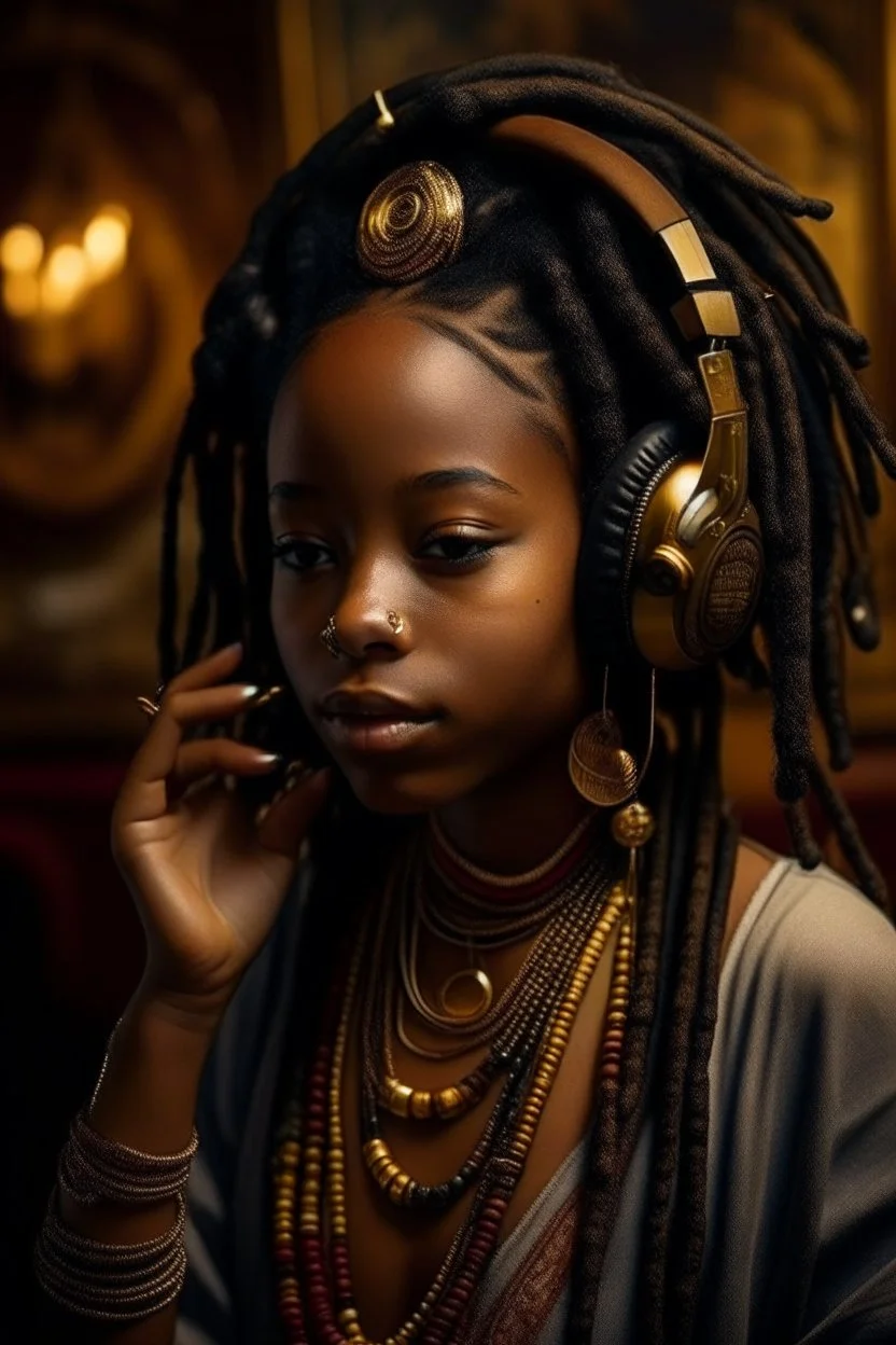 earthy black young woman listening to music with small old school headphones, soul, peace, majestic, earthy colours, at peace, happy, incense, jewels, bands, natural, old school headphones, blasian eyes, incense, very dark skin, crystals, gold arm bands, locs with beads, handless