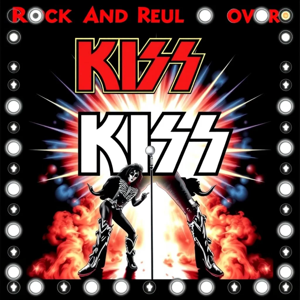 full color, Create a record Album cover for the Rock and Roll Band KISS - "Rock And Roll Over"