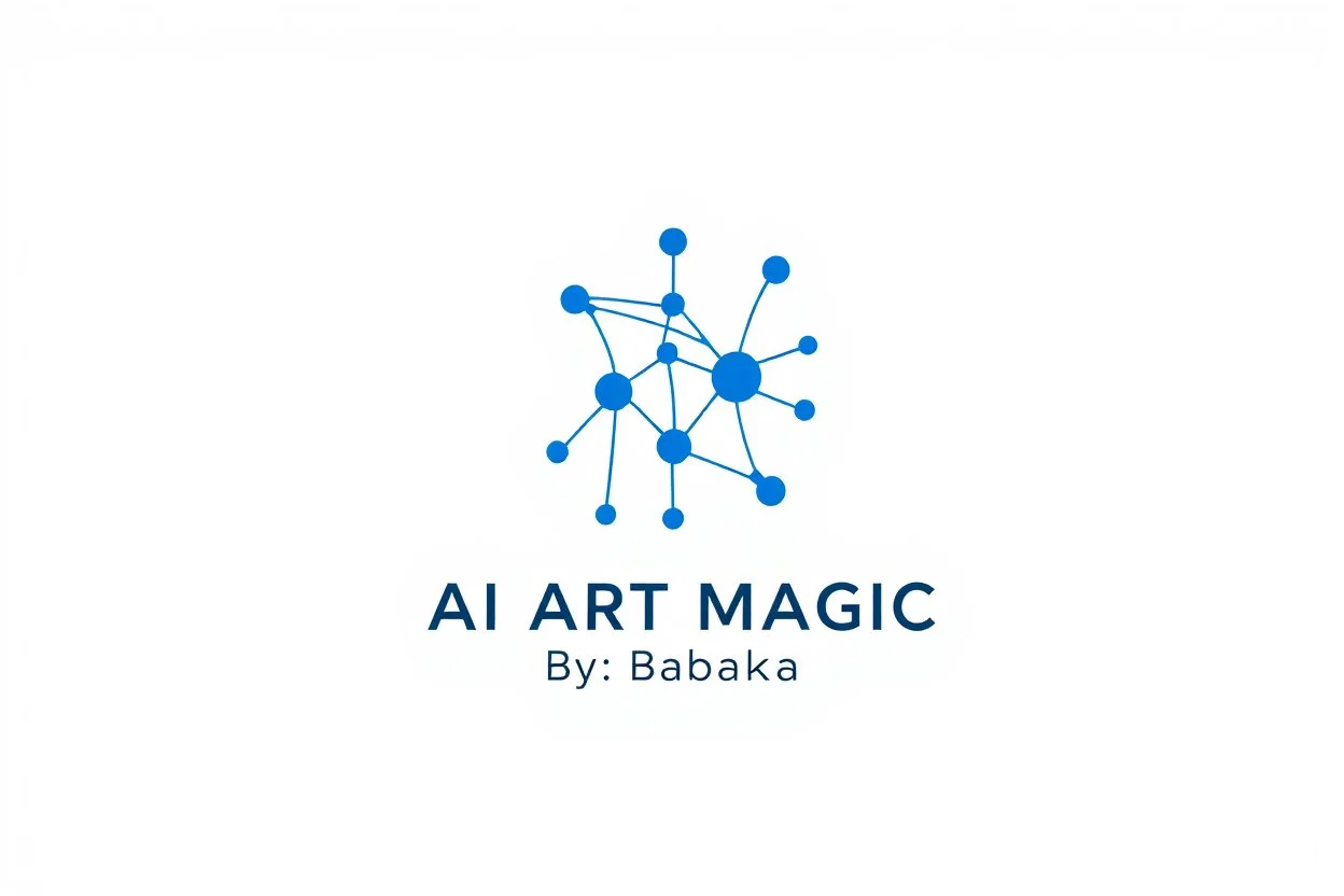 A minimalist and professional logo design for a 3D motion graphics studio. The icon features an abstract, geometric shape formed by flowing nodes and interconnected lines, symbolizing complex particle flow and procedural animation. Sleek, modern, and clean aesthetic. High contrast, vector style, white background, solid vibrant blue and deep charcoal grey color palette. Flat design, scalable, professional typography space underneath.add text "AI ART MAGIC By: Babakan" with pretty style.