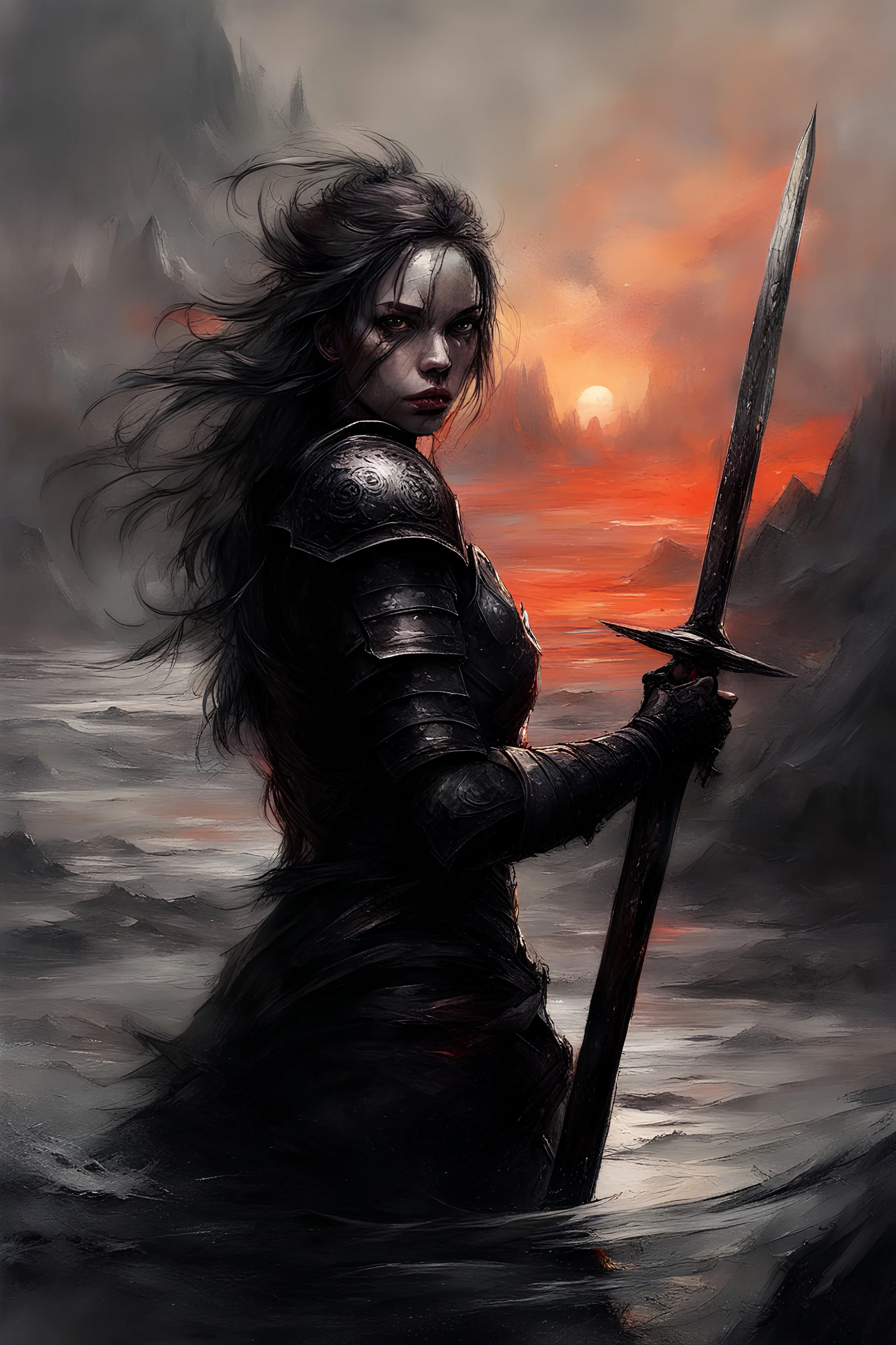 A formidable warrior girl in black armor, against the background of an amazing gloomy landscape flooded with sunset, mountains, trees, a fabulous scary hero, juicy emotions, painting, gloomy fantasy, gloomy day, dark world, portrait, oil and graphite, wide strokes, a weaving frame around, by Ryohei Hase, Agnes Cecile, Raymond Swanland, Anne Bachelier