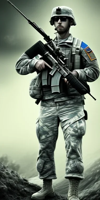 Ultradetailed of full body portrait of handsome man in action, gorgeous eyes, well composed, highly detailed- cinematic lighting, american soldiers in uniform, with m16a2 riffle