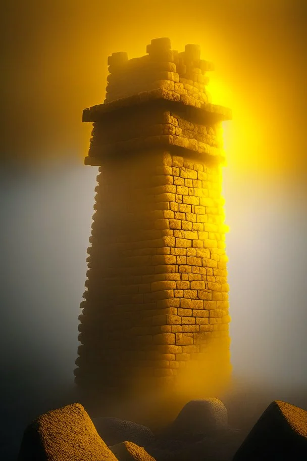 guard tower build of yellow stones misty trending, depth of field, backlit