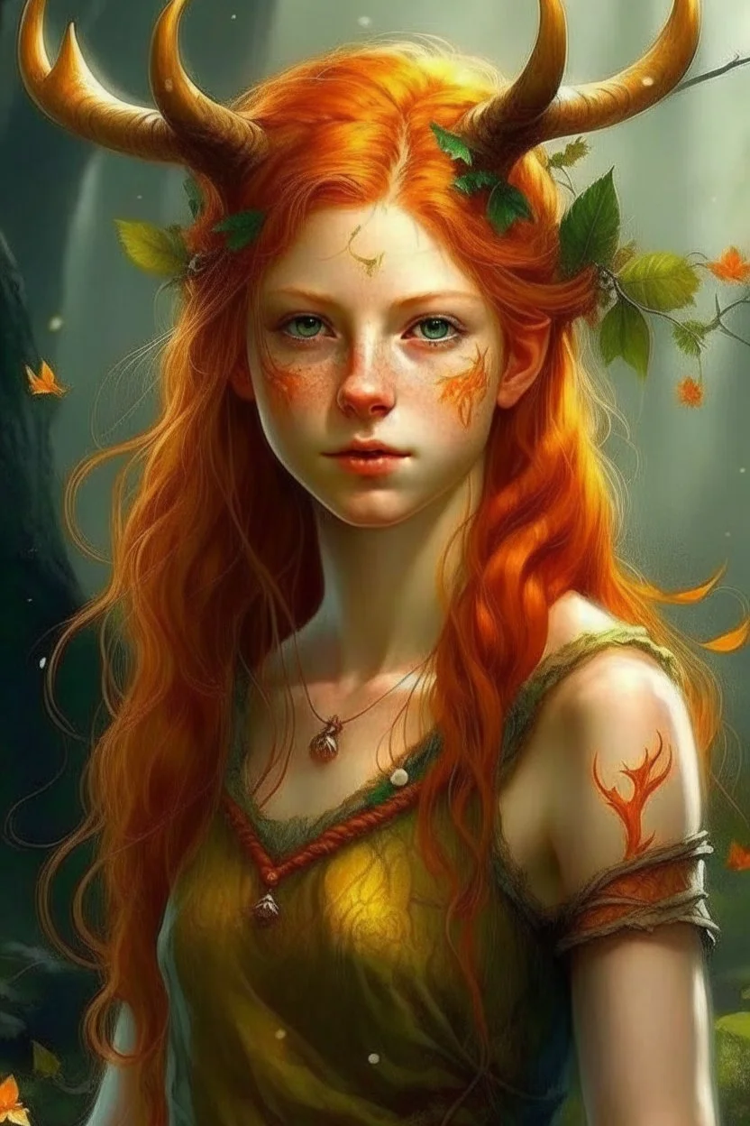 pretty girl, aged 13, ginger, conventionally attractive, realism, dreamy, tight top, bright clothes, full length, faun, satyr