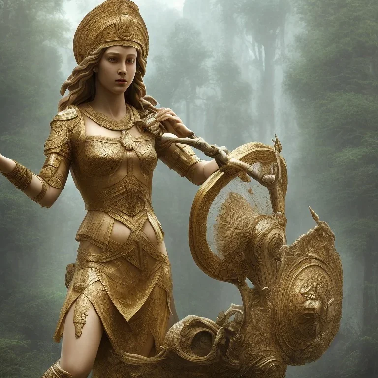 only one statue goddess athena abandoned of stone, between moutain, wide, swamp, water, glass, fog, highly realistic, highly detailed, intricate, 8k