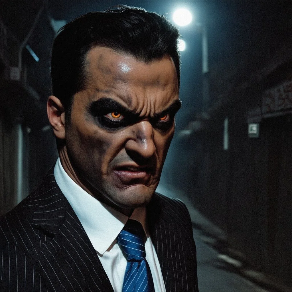 very grainy discolored 2000s photo, closeup portrait, dark night alley with no lights, grunge, extremely gaunt male with chalk-white skin wearing a striped suit with a blue tie, angry, imposing, fiery look in the eyes, bruja, biker