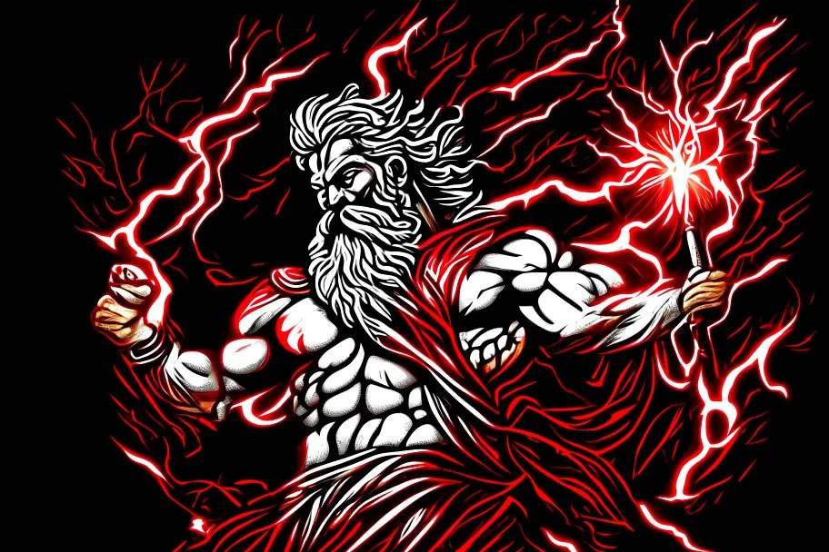 Detailed and realistic illustration of Greek god Zeus holding holding lightning. Black, white, red and gold colors. Engraving style illustration.