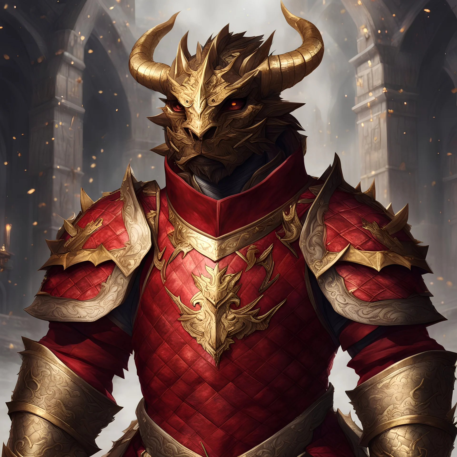 Dragonborn wearing red quilted armor with a gold collar and looks quite royal and smashing, masterpiece, best quality, background fancy party
