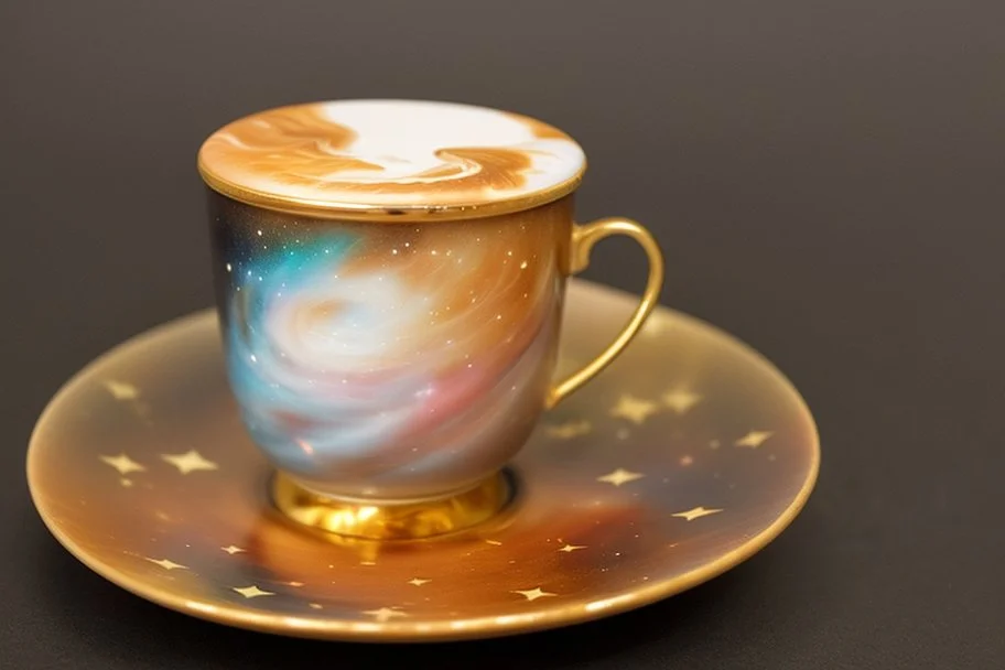 A universe swirling in a beautiful gold rimmed porcelain coffee cup, with planets, stars, steam, masterpiece, in sunshine