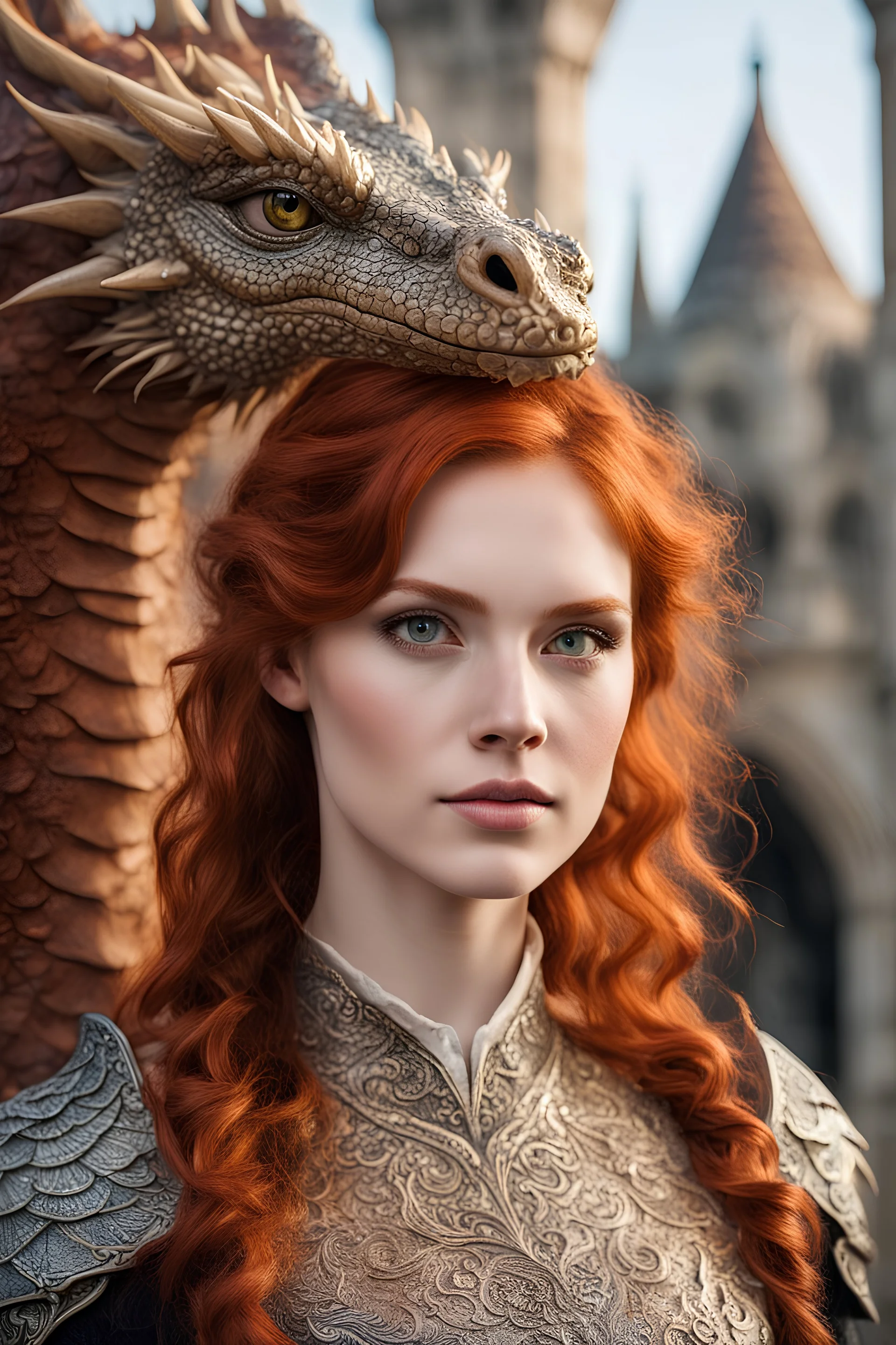 Ultra-realistic close-up photo of a pretty young woman with red hair standing next to a dragon, featuring highly detailed eyes, intricate skin textures for both the woman and the dragon, set against a medieval background, illuminated by natural, soft daylight, captured from a frontal perspective, using a Canon EOS 5D Mark IV with an 85mm lens, styled after the fantasy works of Anne Geddes.