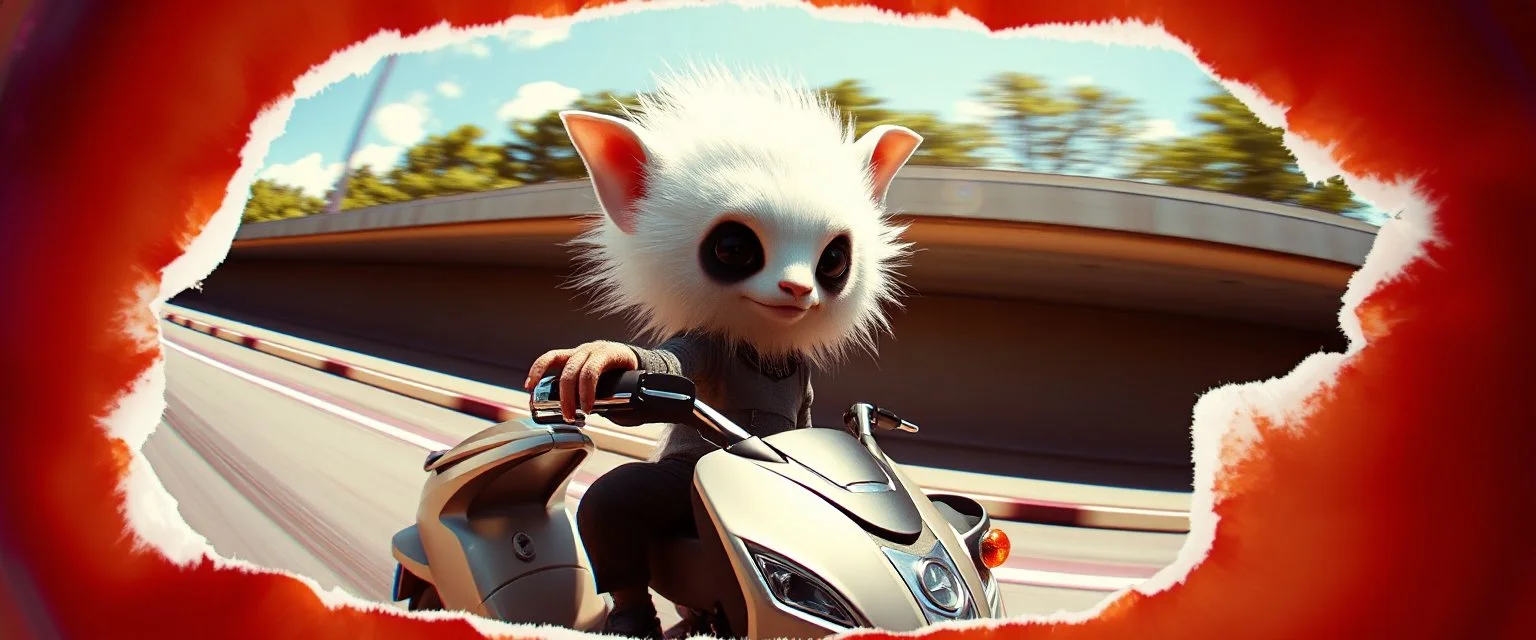 3d airbrush render, white fluffy gnome native panda elf alien dodo on insane fast scooter, pinhole cam, airbrush 3d rendering, in the style of Titian and Dali , torn edges on border