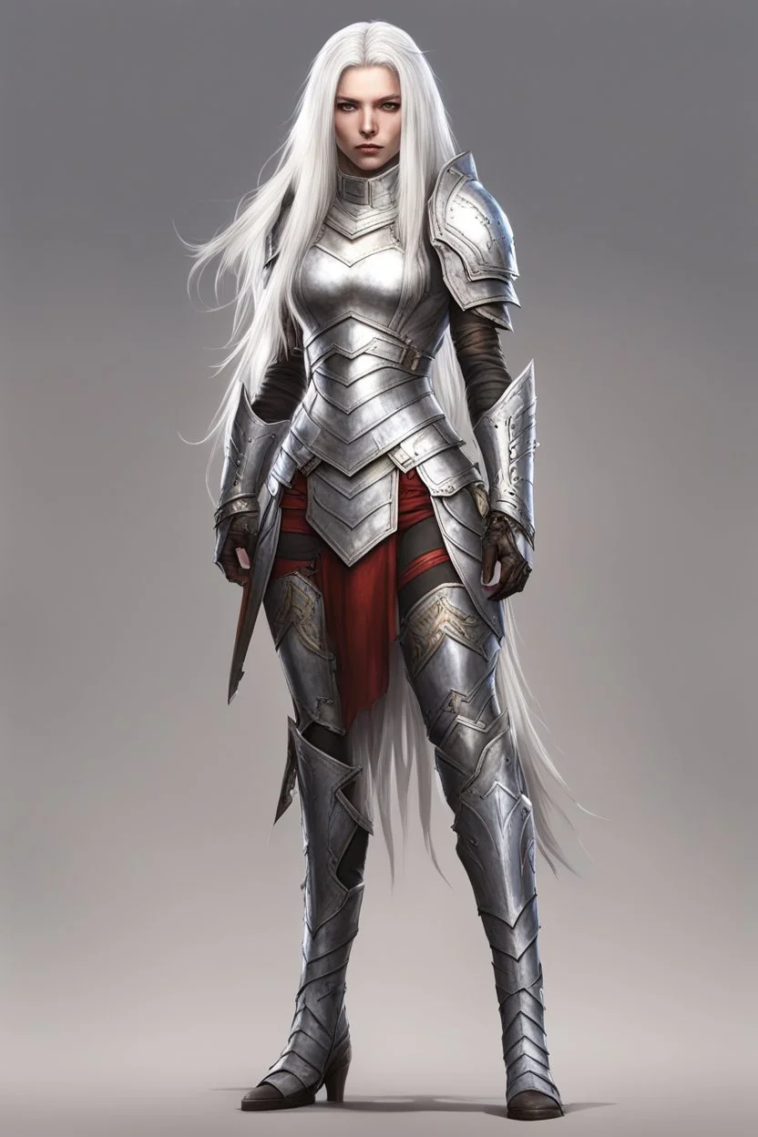 female with long white hair, wearing metal small armor, whole body