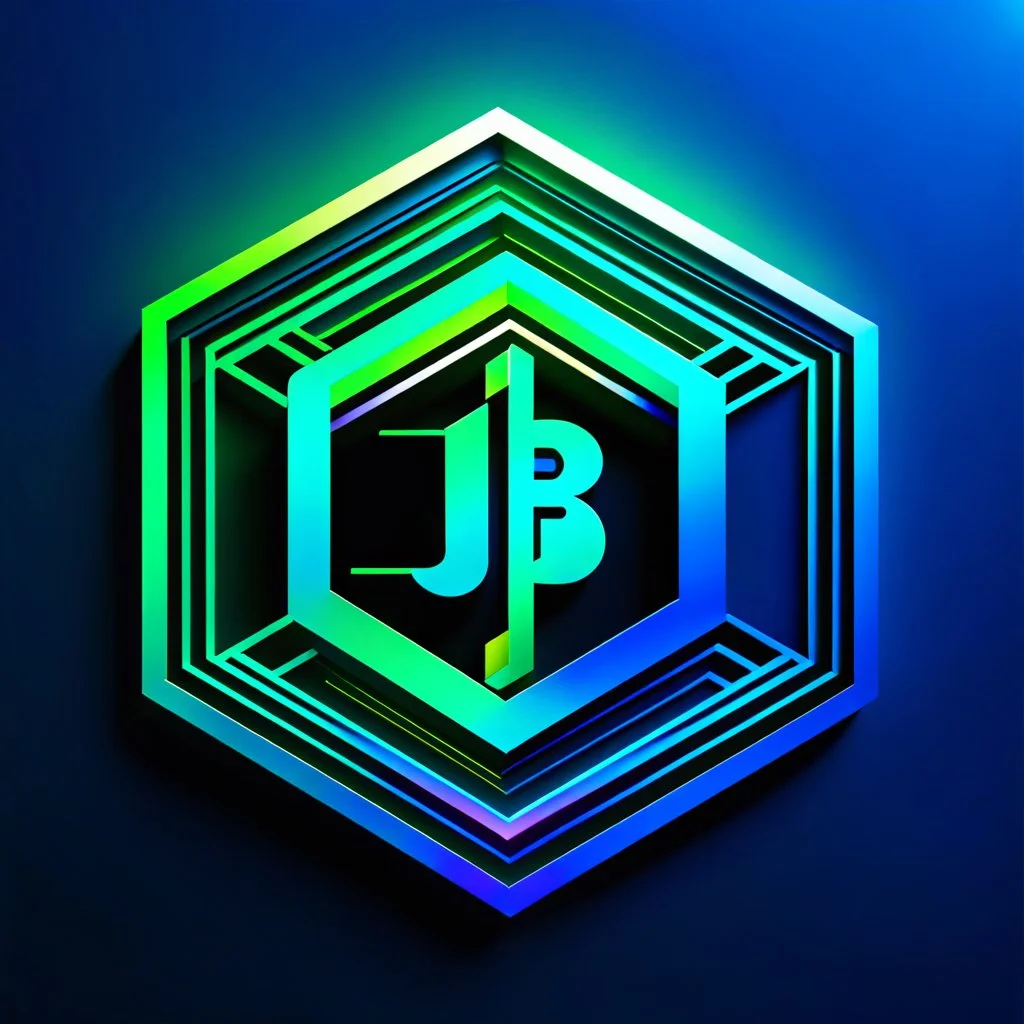 "Innovative, futuristic logo for 'JB AI Art' - blending abstract 'JB' monogram with advanced AI-inspired elements. Vibrant gradient colors (blue, green, metallic) convey computational power and the intersection of art/technology. Geometric shapes, interconnected lines, and 3D wireframe details suggest AI engineering prowess. Visually striking, memorable mark that communicates the studio's cutting-edge, AI-driven capabilities."