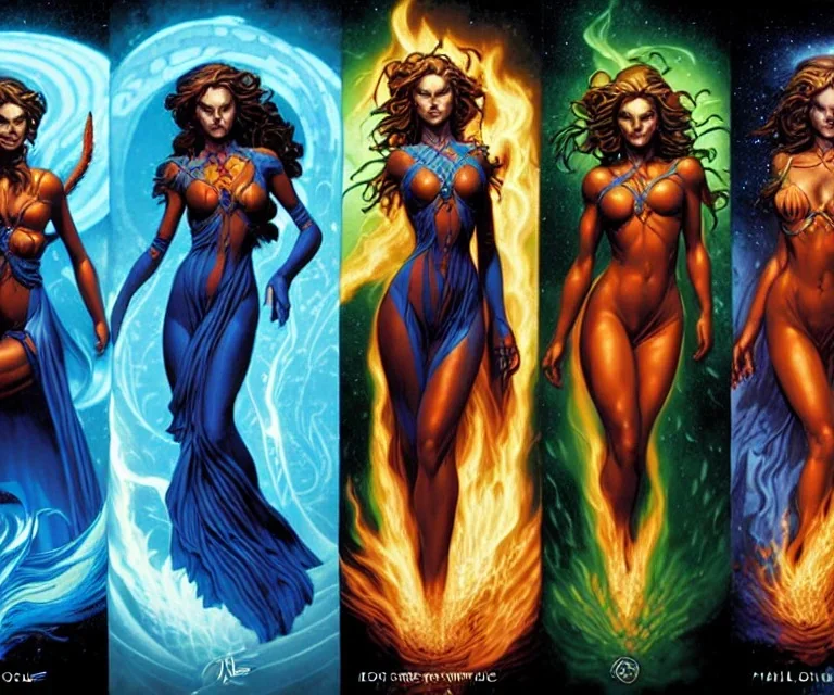 Four doll divine representing each one the four elements: fire, earth, air, and water. Mark Brooks and Dan Mumford, comic book art, perfect, smooth elemental galactic space core royalty.