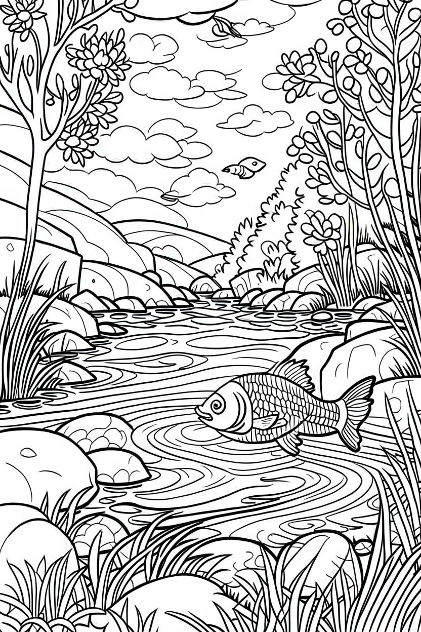 coloring page, fish in a creek, cartoon style, thick lines, low detail, no shading