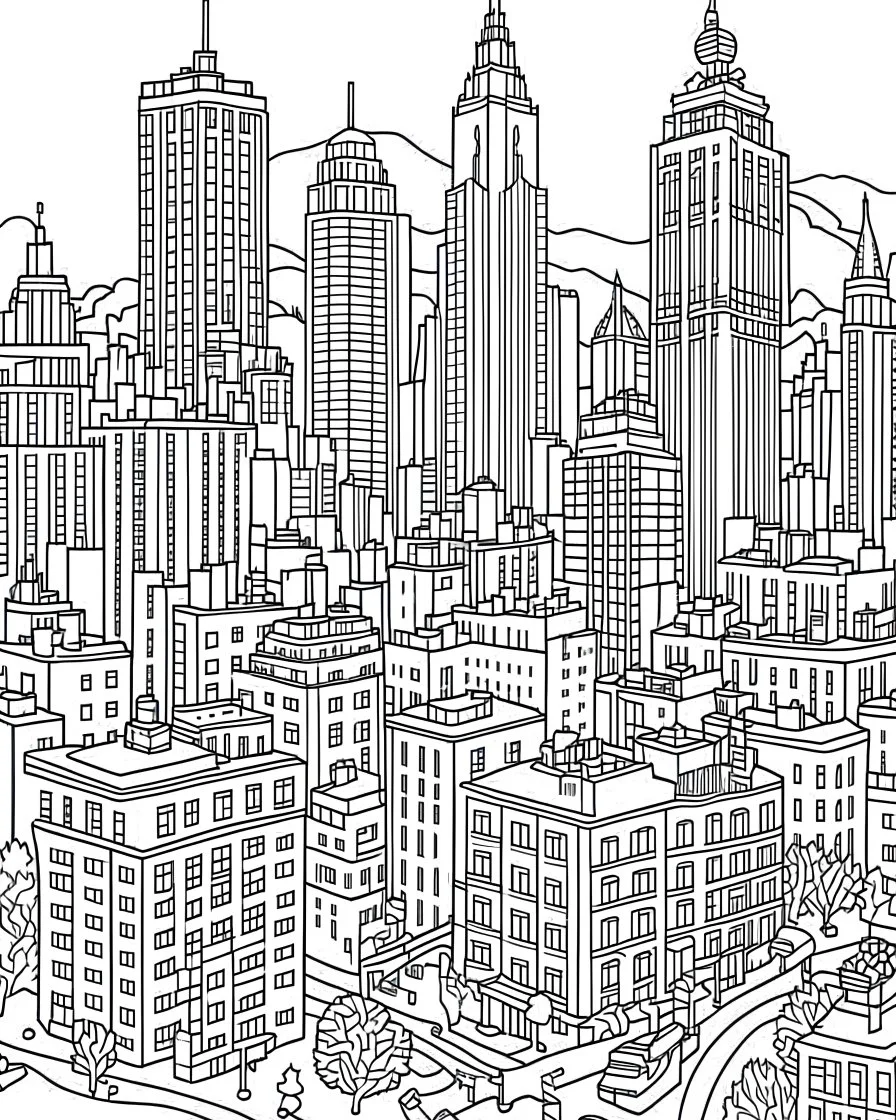 New York City view i coloring page, full body (((((white background))))), only use an outline., real style, line art, white color, clean line art, white background, Sketch style.