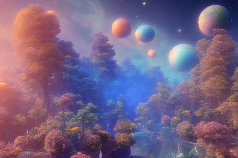 orange and blue crystal cosmic and galactic ambiance sunny sky trees river surreal, full of details, smooth, bright sunshine，soft light atmosphere, light effect，vaporwave colorful, concept art, smooth, extremely sharp detail, finely tuned detail, ultra high definition, 8 k, unreal engine 5, ultra sharp focus