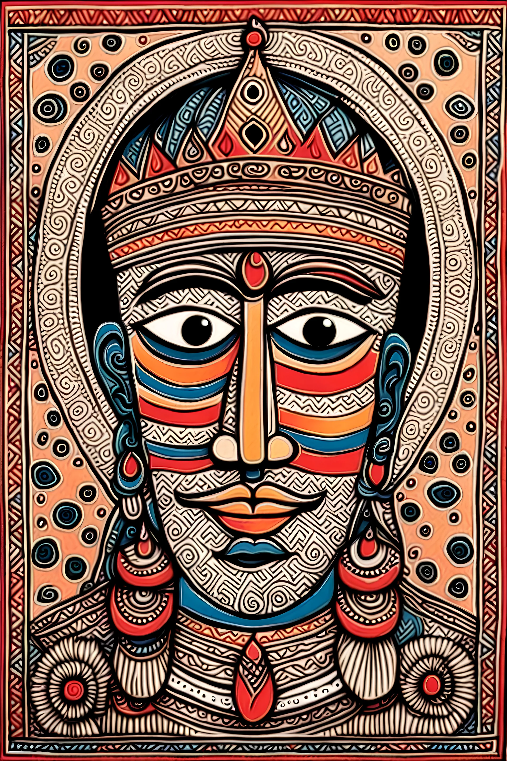 a king's face in Madhubani art style