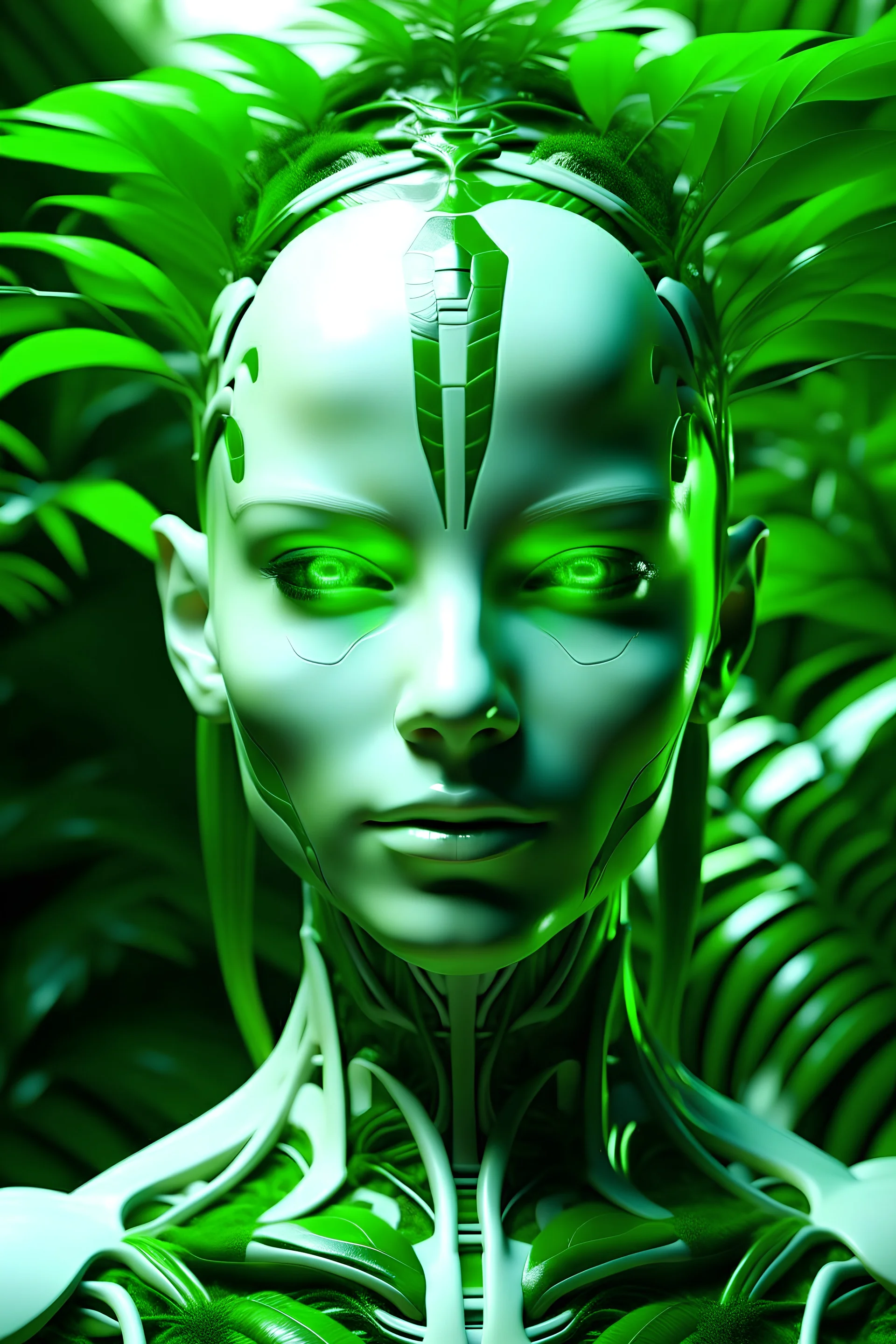 beautiful, white and green human android that looks like combination of James Bond and a tropical fern. Add a third eye in the center of the forehead