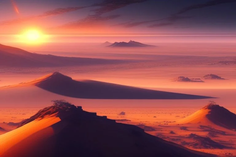 sunrise, distant city, sand, arid land, epic, sci-fi