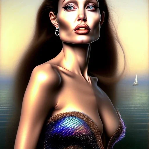 A beautiful portrait of Angelina Jolie as a mermaid , leaning on a ships deck ,Rough sea in the background, (digitall art by Eugene de Blaas and Ross Tran, vibrant color scheme, highly detailed, in the style of romanticism, cinematic, artstation best quality, realistic lighting, masterpiece portrait, details light dusting , cowboy shot from above, simple chain hauberk Vector art digital illustration 3D shading )