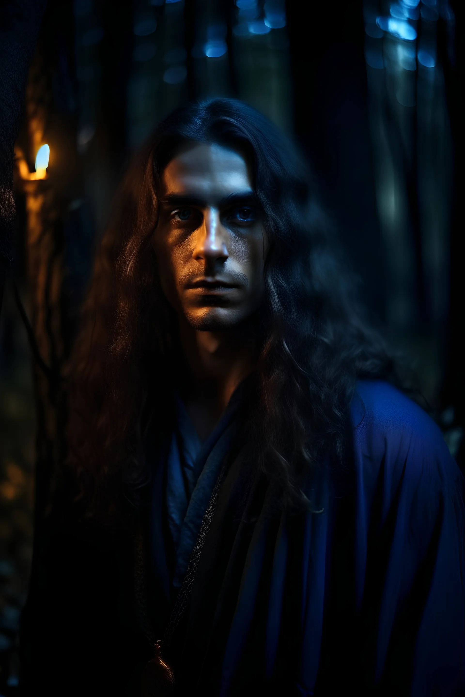 A male witch with long hair, orange eyes, in a dark forest at night, dark blue tone