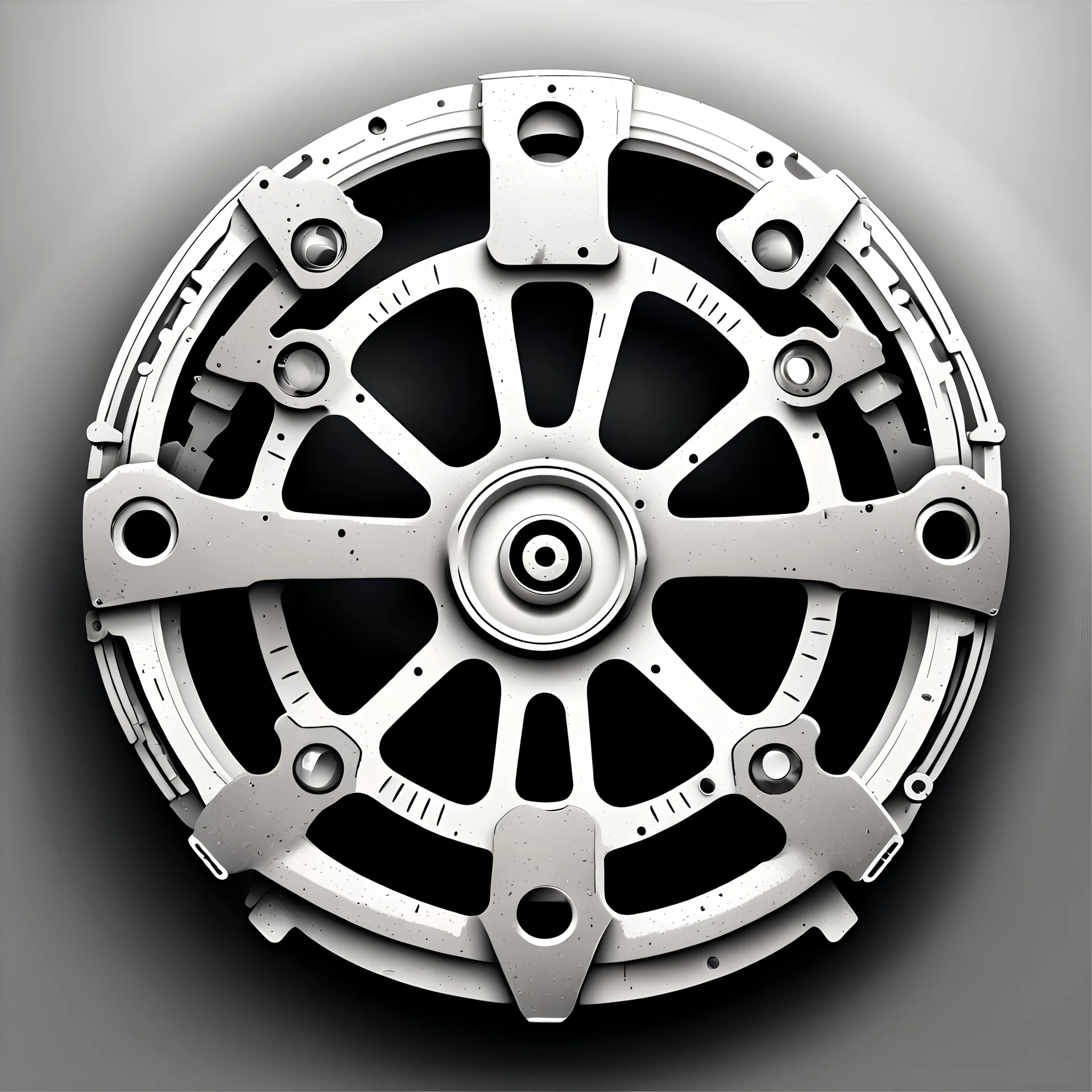 post-apocalyptic steering wheel vector icon in white color over the back background, stylized