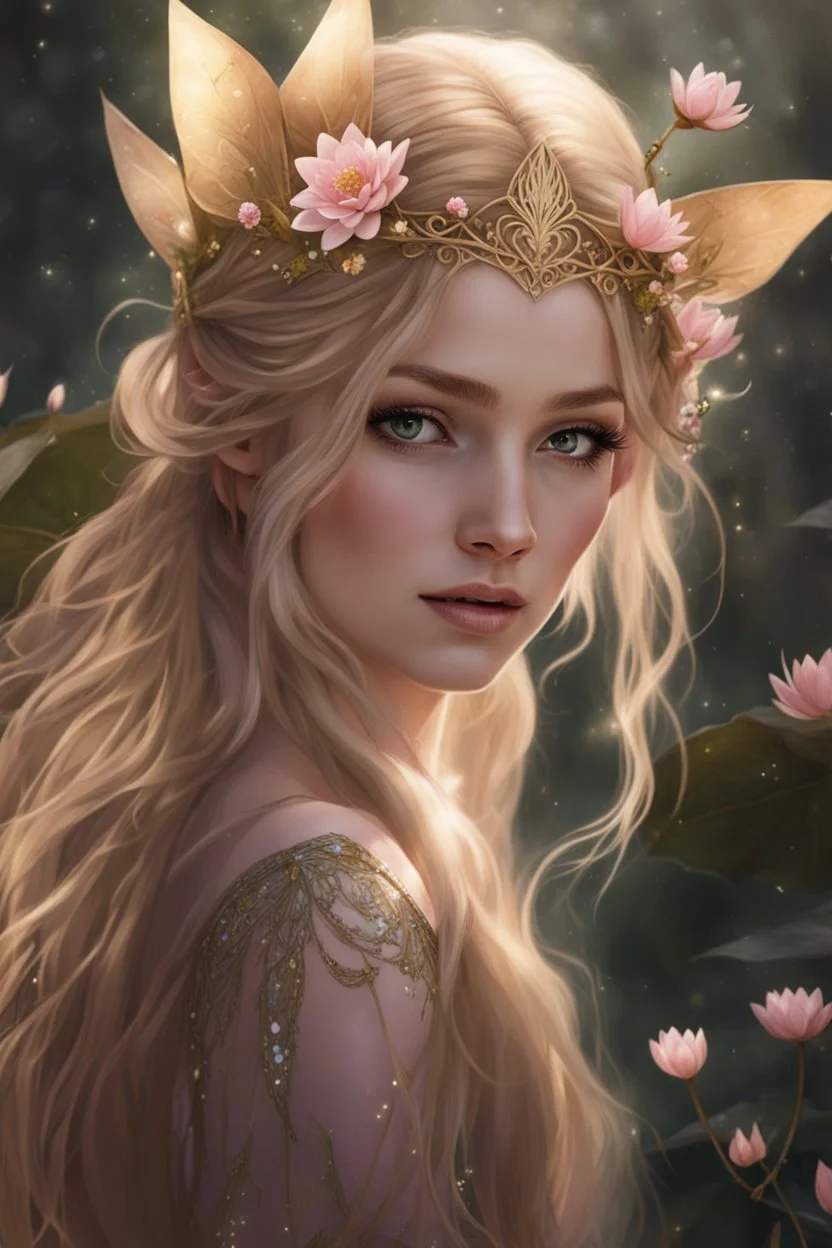 Pink flower crown,Pointed elven ears,Blonde hair ,Pink dress,Sparkling fairy wings,Very long golden hair,Fairy crown,pointed ears,elven ears,fairy wings,water lilies,sparkling,glittering,flowers,blossoms,golden crown,light pink dress