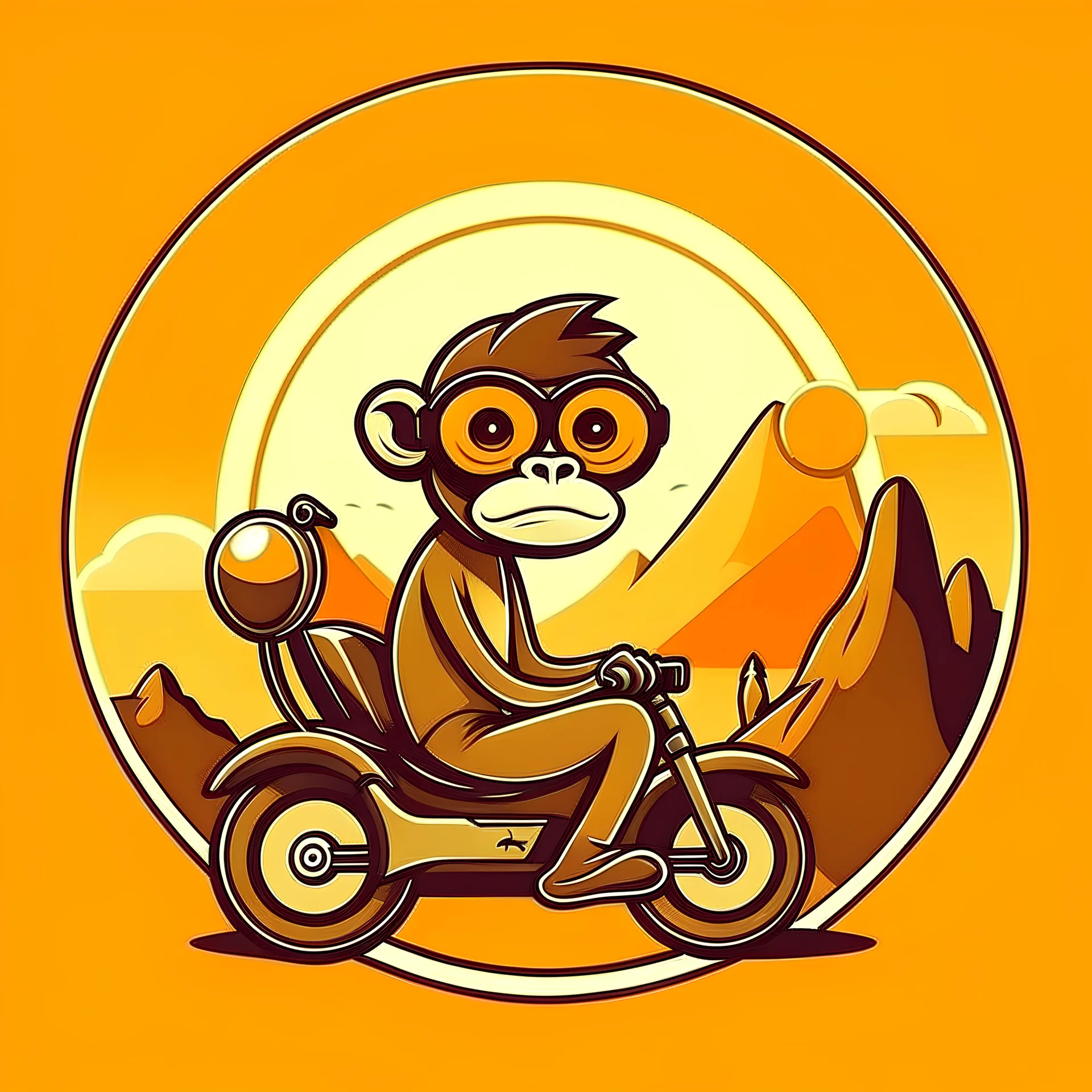 Monkey riding a scooter with sunglasses and a big smile, have a mountain sunset on the background, make a round logo, make the color brown