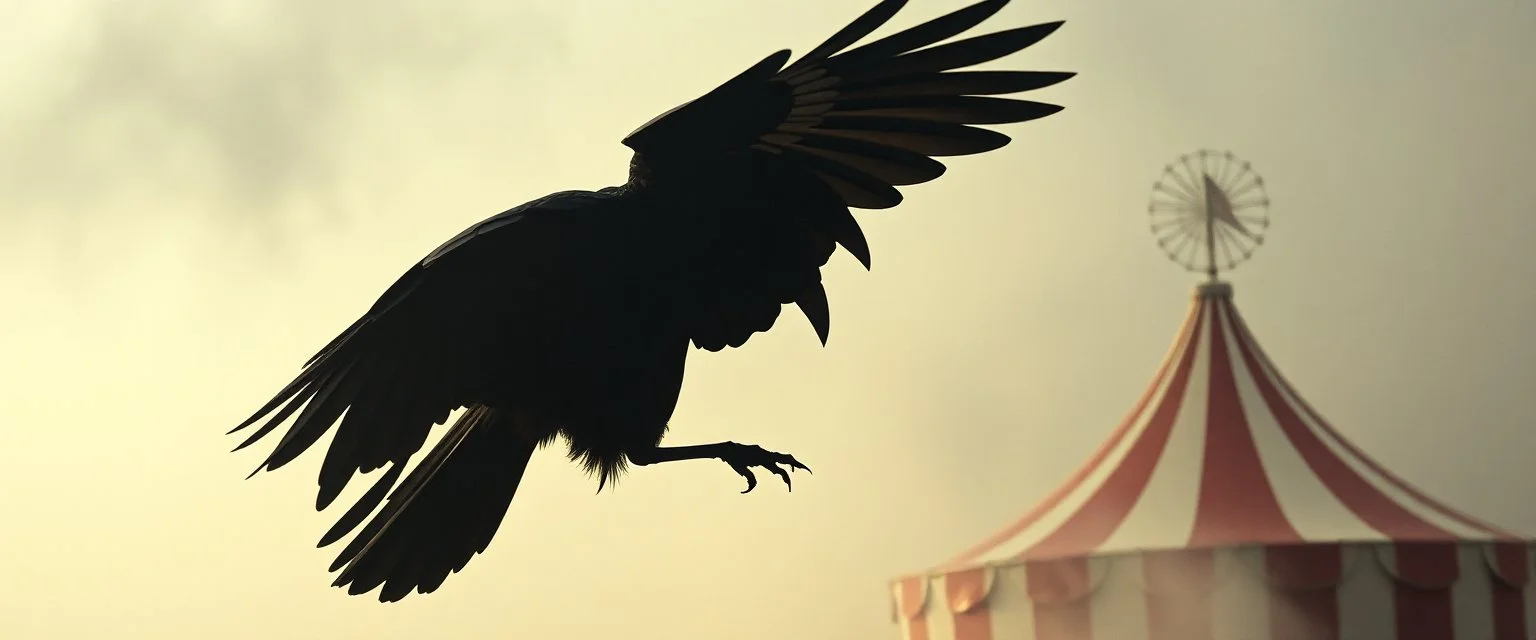crow man simulacra acrobatic dodge, circus, dream fog