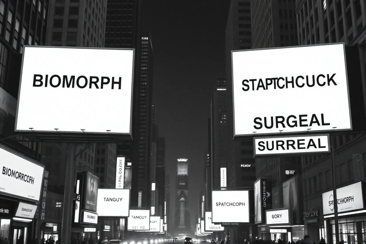 greyscale cityscape: many large white billboards populate the city with black block lettering with single word choose randomly between: "BIOMORPH" || "CB" || "SPATCHCOCK" || "TANGUY", || "SURREAL". || 'They Live' movie still, city panoramic, concept art, subliminal messaging