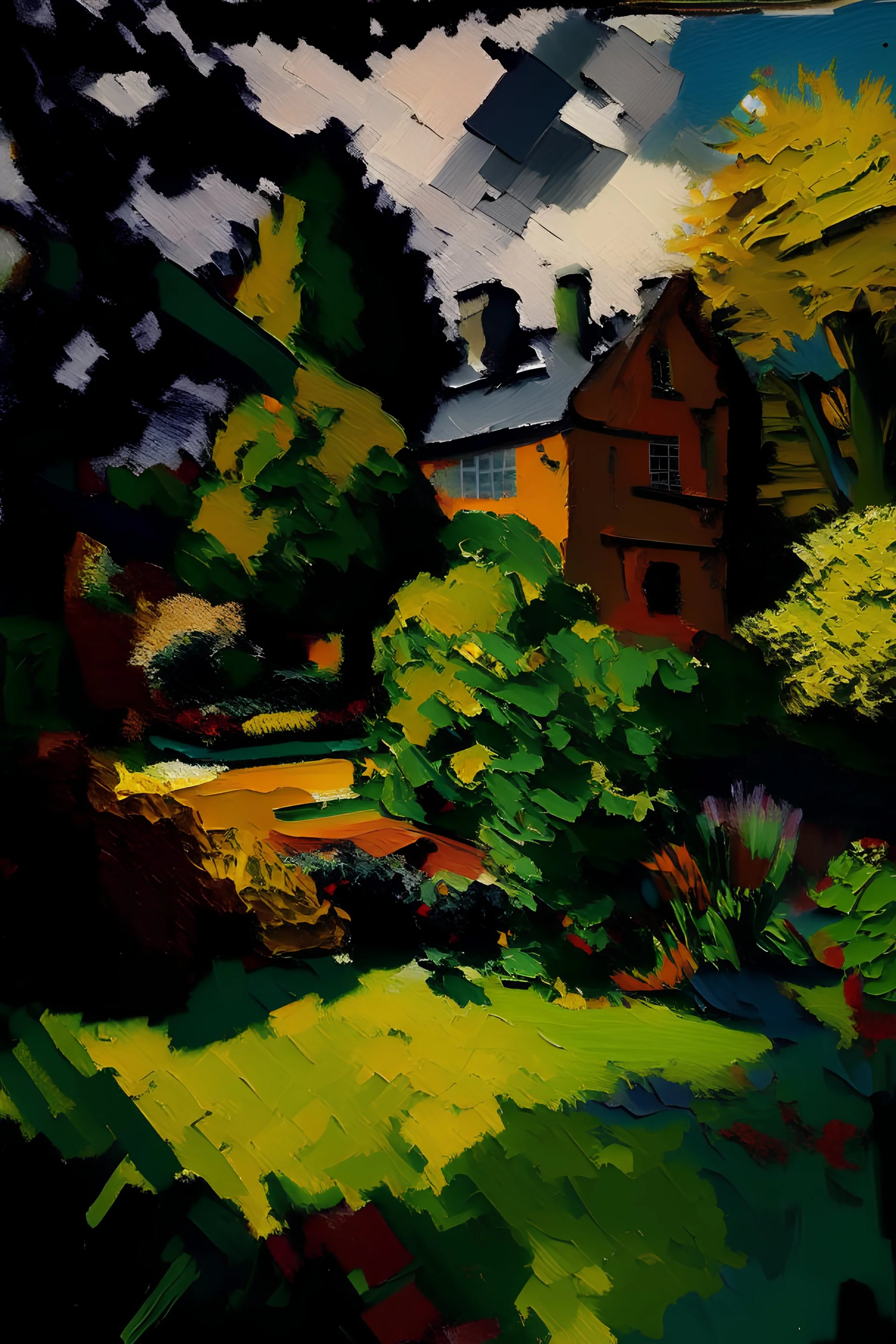 English garden in the style of frank Auerbach