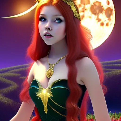 Attractive teenage girl with red hair with golden highlights, who is dressed like a witch casting a spell with a quarterstaff on the moon, magic is in the background, the moon is a solar eclipse, green eyes looking at the moon, background is realistic space, the girl is on a planet, goth girl dress, full body portrait, arm colors gradient effect into stars, rendered, unity 3d, unreal engine, dslr, hdr, 4k, edited, photorealistic, normal number of appendages, freckles, artists rendered