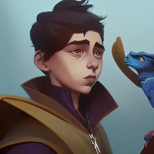 Portrait of a wizard kid with his pet gargoyle by Nick Harris