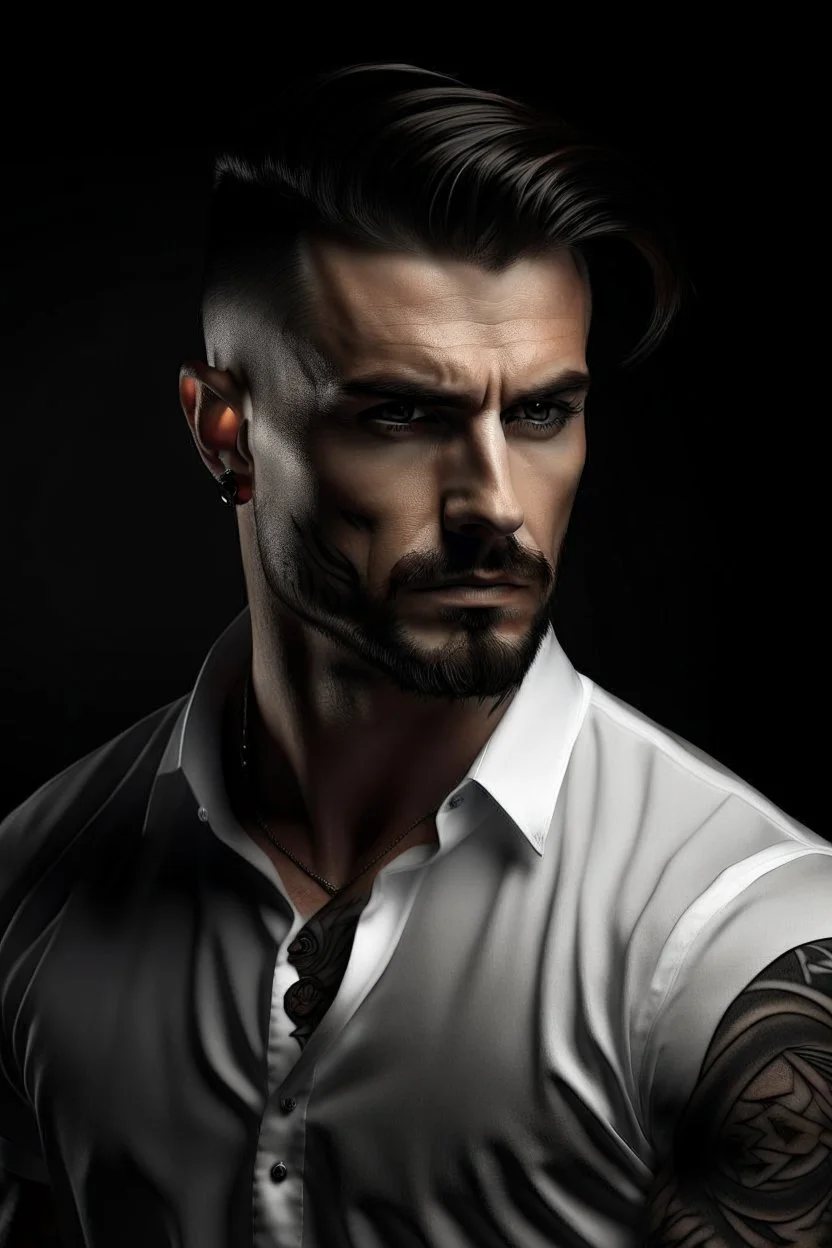 Ultra realistic photograph of muscular male in white button up shirt, dark hair cut short and stubble on chin, dark fantasy tribal tattoos