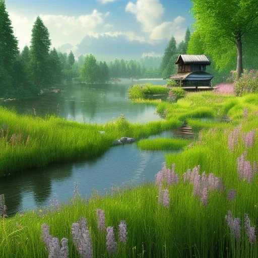 landscape 8k ultra realistic, beautiful, grass meadow with river, in a pastel style, willow