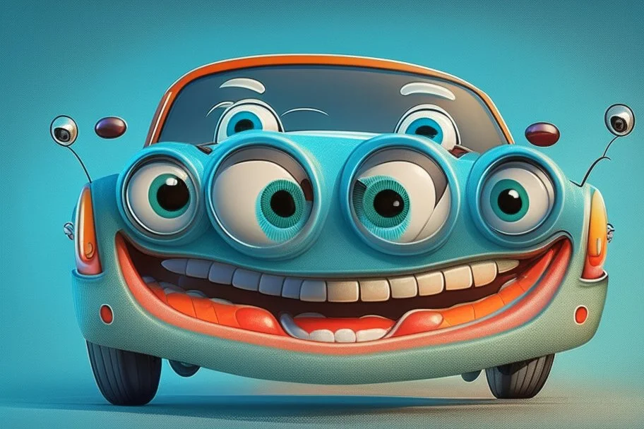 whimsical cartoon car with big eyes and its front grill forming a friendly smile