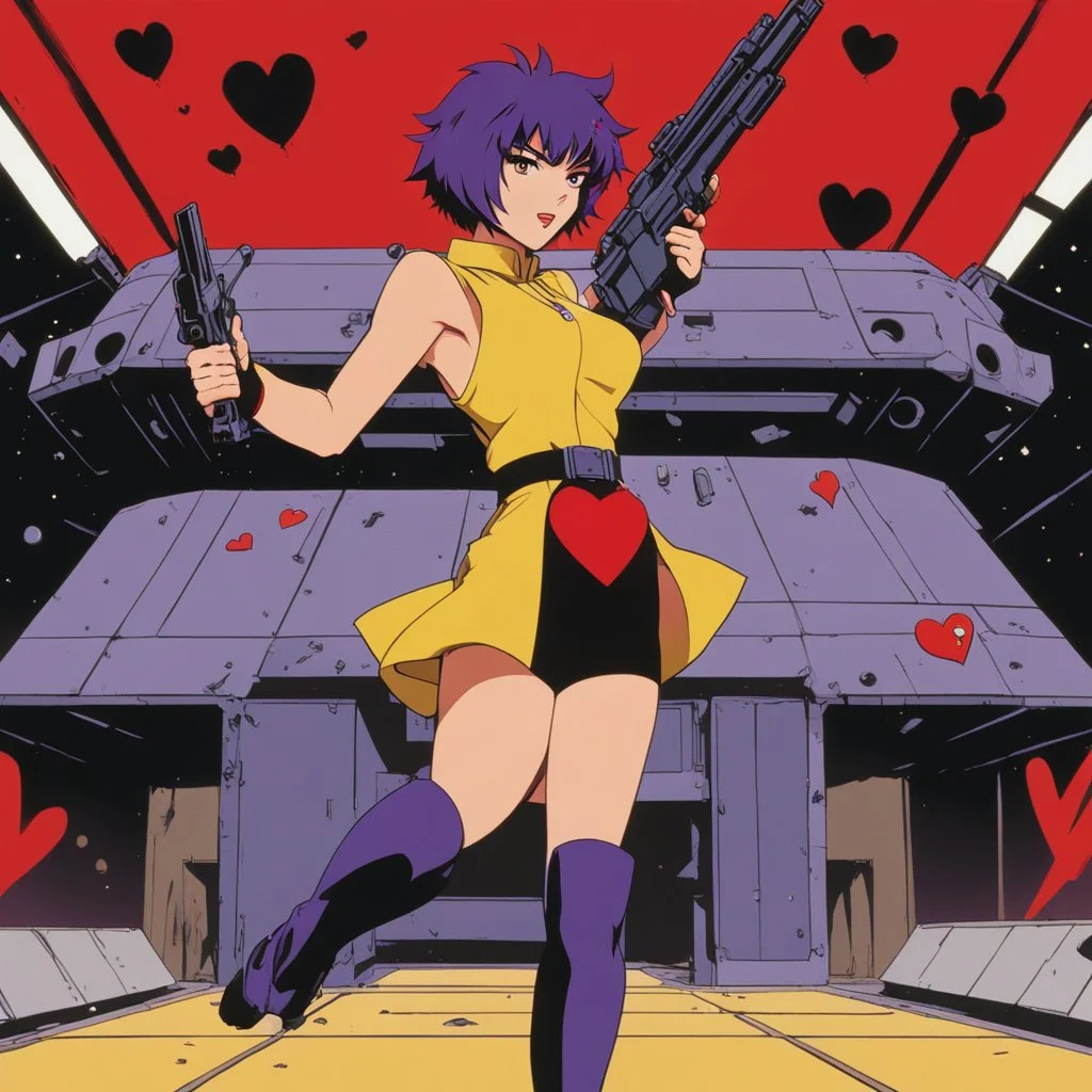Faye Valentine from Cowboy Bebop in her iconic outfit and her violet short hair, standing in a spaceship hangar, confidently firing her handgun in front of a large cardboard box with a red heart drawn on it. Bullet holes form the outline of a heart shape in the cardboard. Smoke curls from the fresh holes. She faces the box with one hip cocked, stylish and cool, wearing her iconic yellow crop top, red jacket, black shorts, and thigh-high stockings. Noir lighting, cinematic shadows, retro-futur