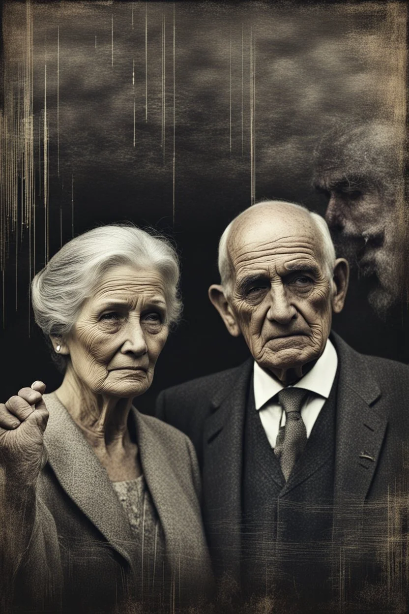 an old couple faces vintage photo with glich technique, grey-brown, defects, graininess, white noise, lines, scratches, glitch art , cinematic, mistic mood